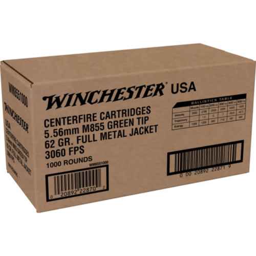Winchester Ammo, M855 5.56 Nato, 62 Grain Green Tip FMJ, 1000 Rounds