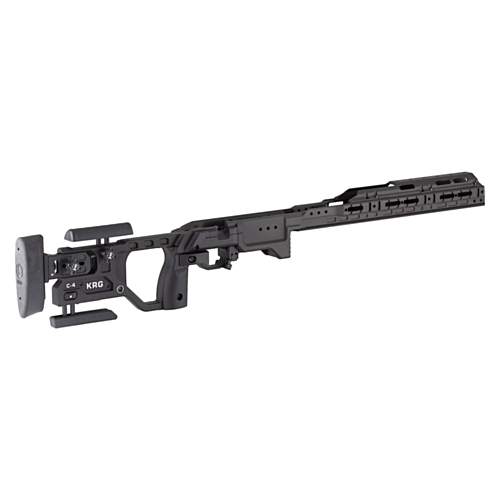 KRG Kinetic Research Group, C4 Chassis, Remington 700 Short Action, Optic Inlet Shroud, Thumbshelf Grip, Enhanced Cheekpiece, Black