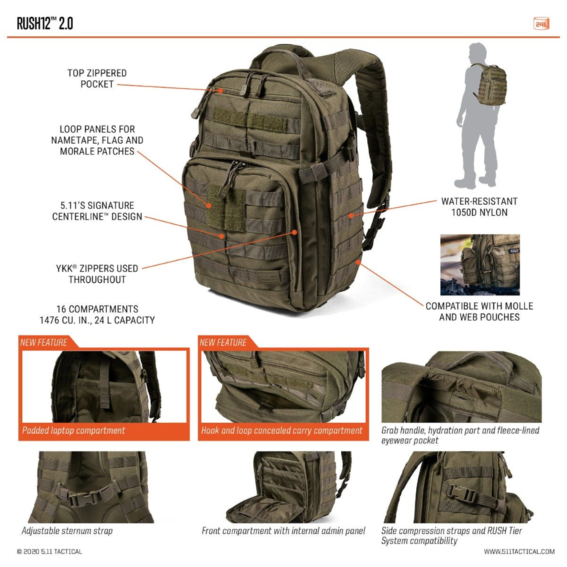 5.11 Tactical, Rush 12 2.0 Backpack 24L, Black